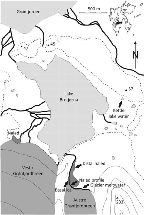 Location map of Austre Grønfjordbreen, Svalbard. Naled assemblages are ...