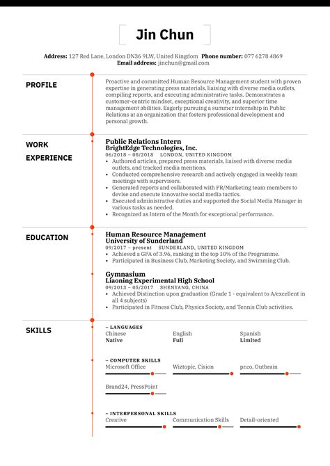 Public Relations Intern Resume Example | Kickresume