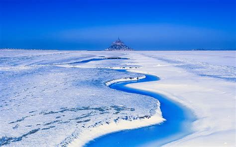 Religious Mont Saint Michel France Landscape Snow Winter Hd