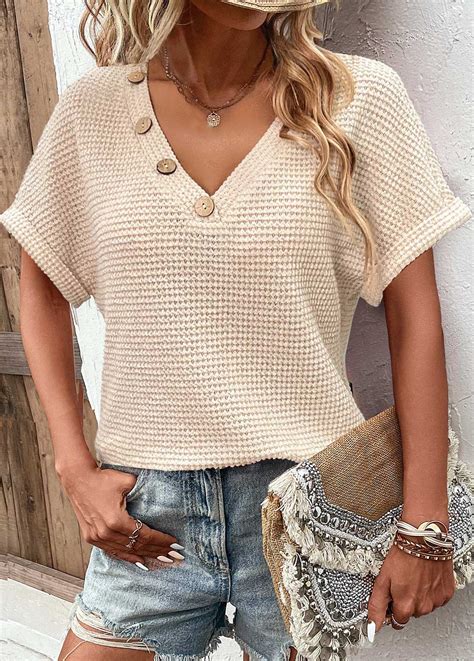 ROTITA Plus Size Button Beige V Neck T Shirt Rotita USD 31 98