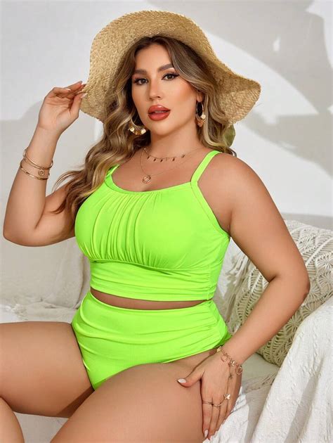 Swim Lushoire Summer Beach Plus Size Fluorescent Green Bikini Set SHEIN USA