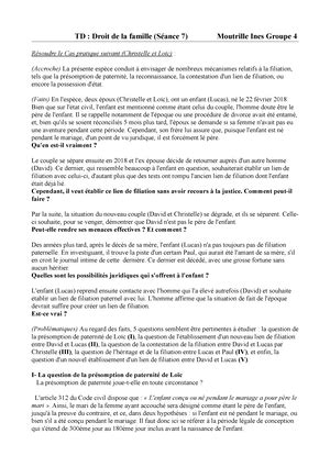 Cas Pratique Droit De La Famille Effets Du Mariage TD Droit De La