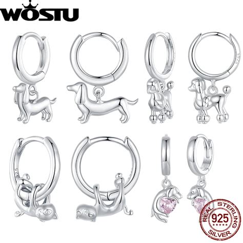 WOSTU 925 Sterling Silver Cute Cat Hoop Earrings Dachshund Poodle Hoop