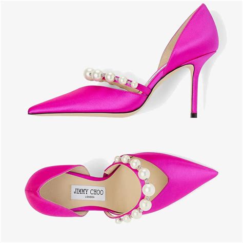 Aurelie85 珍珠饰桃红色缎面高跟鞋 Jimmy Choo