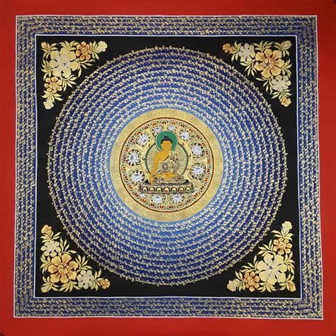 Om Mani Padme Hum Mantra Hand Painted Tibetan Thangka With Shakyamuni