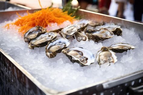 Premium AI Image Metal Tray With Fresh Oysters On Ice At Food Fair