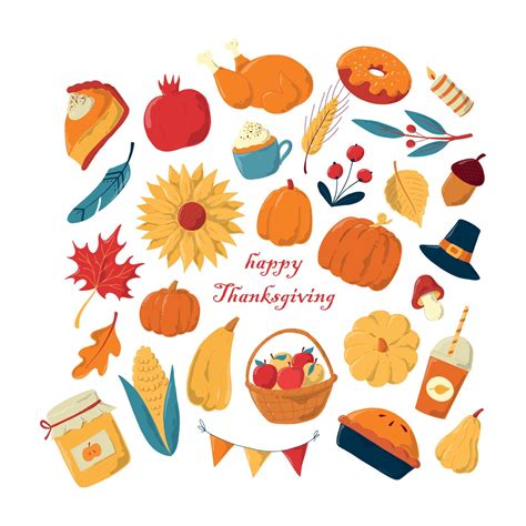 Set of Thanksgiving doodles, clip art, cartoon elements. Good for