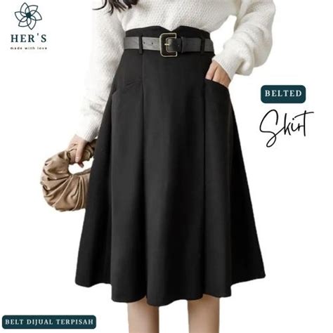 Jual Hers Vella High Waist Belted Midi A Line Skirt Midi Skirt