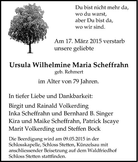 Traueranzeigen Von Ursula Wilhelmine Maria Scheffrahn Trauer In Nrw De