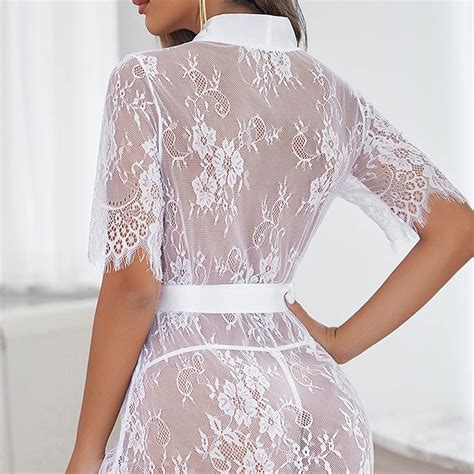 Sexy White Floral Lace See Through Lace Up Pyjamsa Mini Dress Lingerie N