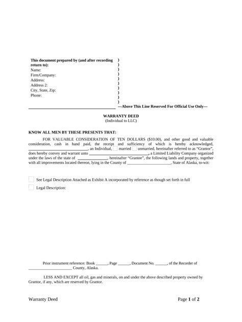 Warranty Deed From Individual To LLC Alaska Form Fill Out And Sign