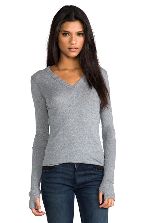 Lyst Enza Costa Cashmere Fitted Cuffed V Neck Sweater In Gray In Gray