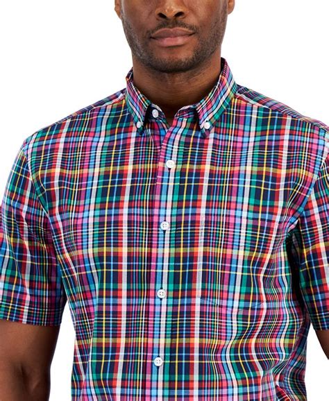 Club Room Mens Plaid Poplin Button Down Short Sleeve Shirt Created