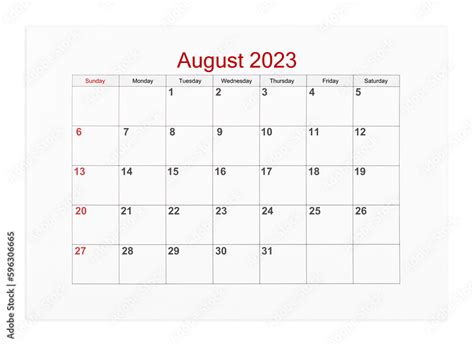 The August 2023 Calendar page for 2023 year isolated on white ...