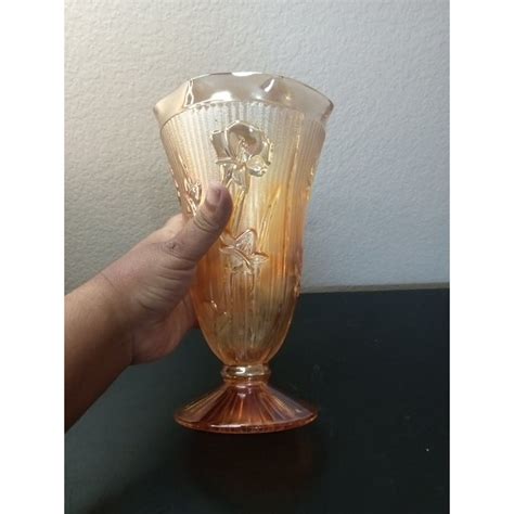 1960s Jeannette Iris And Herringbone Marigold Carnival Glass Pedestal Vase Chairish