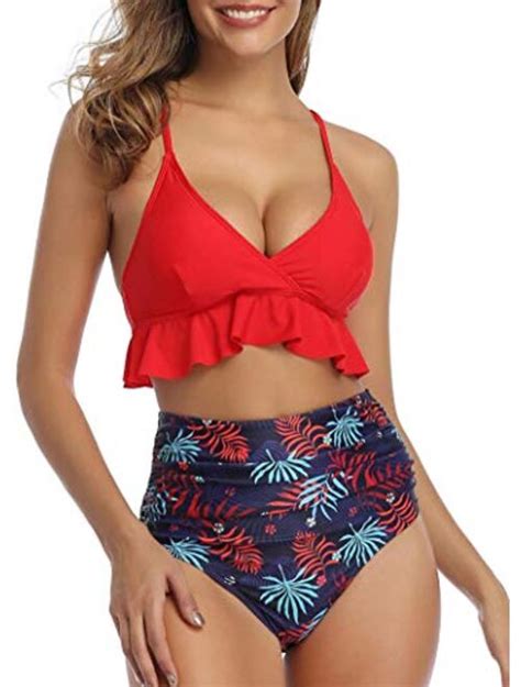 Buy Women Two Piece Swimsuits High Waisted Ruffle Flounce Bikini V Neck