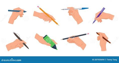 Cartoon Hands Holding Writing Tools Pencil Pen Highlight Marker And