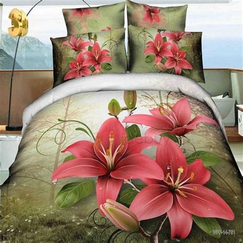 Nice Red Lily Printed Cotton 3d 4 Piece Duvet Cover Set Cotton Bed