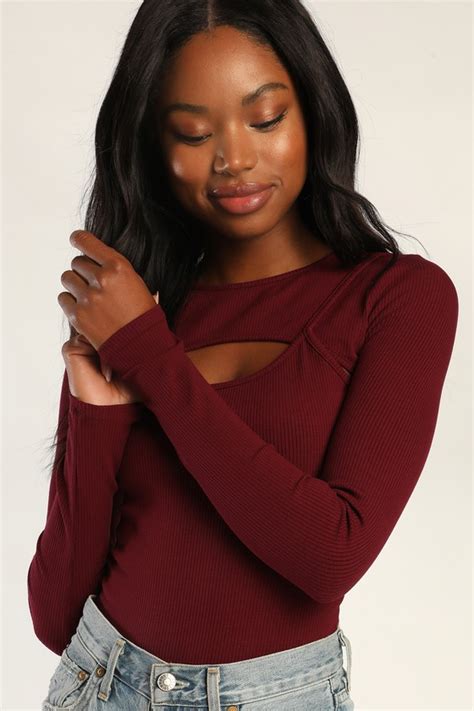 Burgundy Bodysuit Overlapping Bodysuit Ribbed Bodysuit Lulus