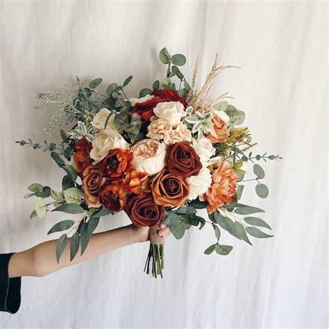 Faux Bridal Bouquet With Rust Orange Flowers And Eucalyptus Etsy