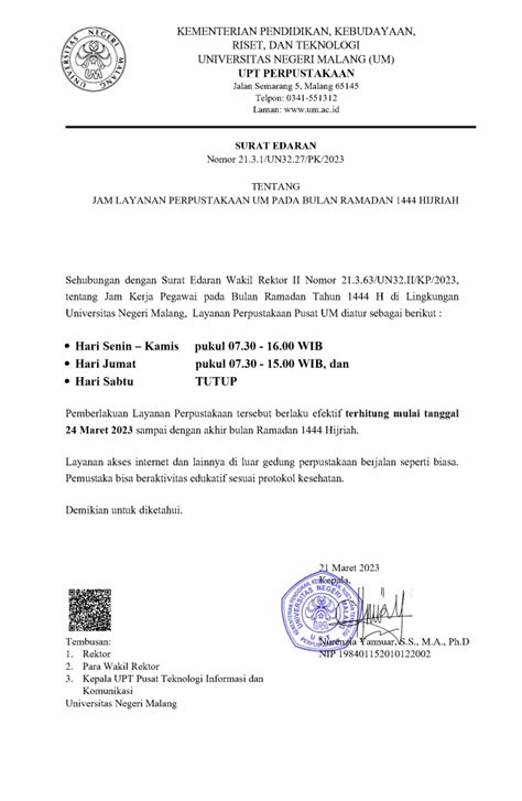 Jam Layanan Perpustakaan UM Ramadan 1444 H UPT Perpustakaan UM