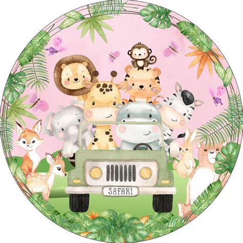 Painel De Lona Redondo Safari Aquarela Jeep Fundo Rosa Animais Da