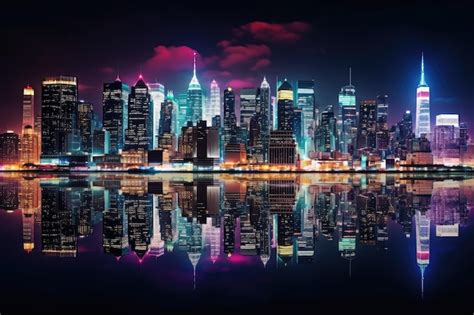 Premium Photo | Night view of New York City Manhattan with reflection ...