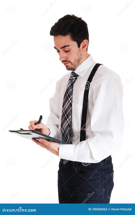 Man Writing On Clipboard Stock Photo Image Of Standing