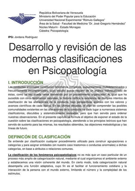 Desarrollo Y Revisi N De Las Modernas Clasificaciones En Psicopatolog A