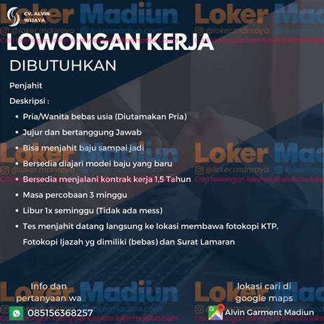 Lowongan Kerja Penjahit Cv Alvin Wijaya Madiun