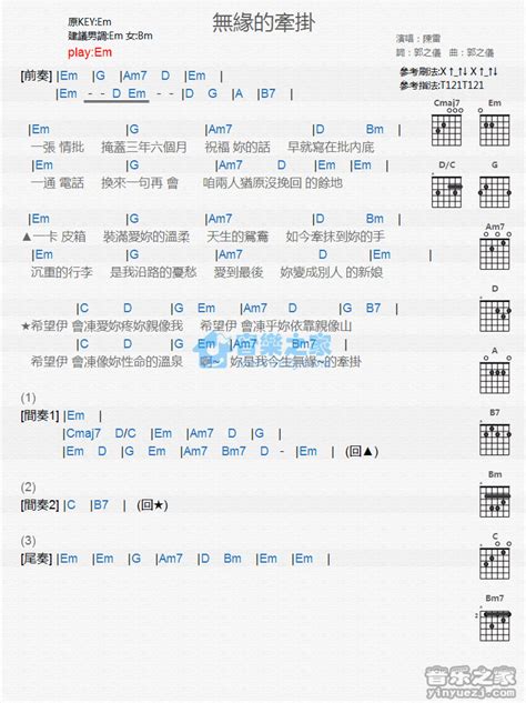 无缘的牵挂吉他谱 陈雷 E调吉他弹唱谱 和弦谱 琴谱网