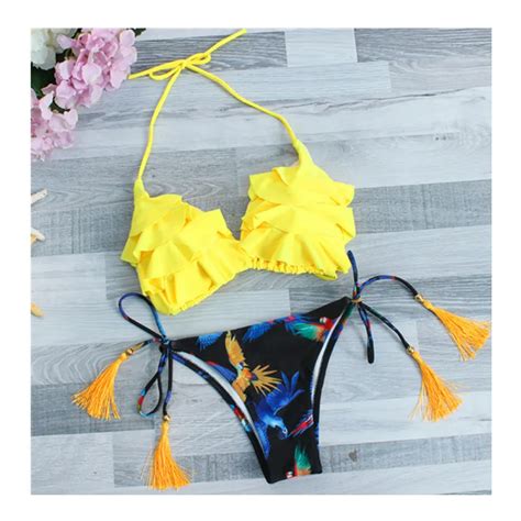 Swimwear Women Bikini New Sexy Four Layers Flowers Bikinis Set Hanging Neck Print Swimsuit Beach