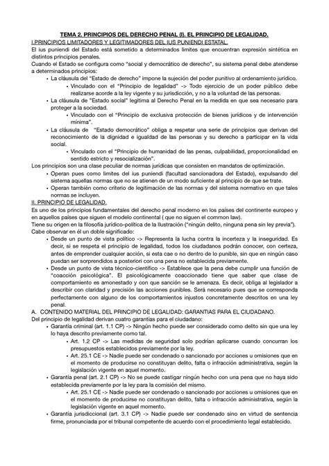 Resumen Tema 2 Derecho Penal Tema 2 Principios Del Derecho Penal I El Principio De