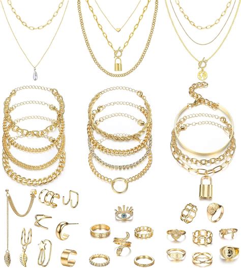 Finrezio Gold Plated Jewelry Set With 8 PCS Necklace 11 PCS Bracelet