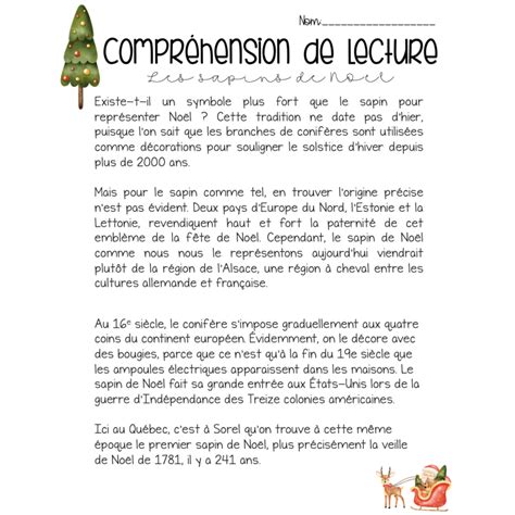 Compr Hension De Lecture Les Sapins De No L