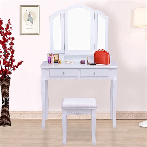 White Wide Tri Folding Mirror Vanity Table Set