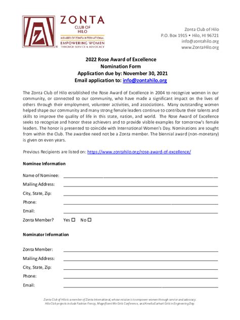 Fillable Online Zonta Club Of Hilo S Rose Award Of Excellence Fax Email