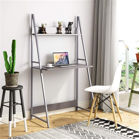 Tiva Ladder Desk Computer Workstation With Shelf Unit Grey