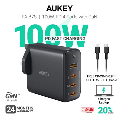 Aukey PA B7S 4 Port 100W PD Super Fast Charging Wall Charger 24 Months