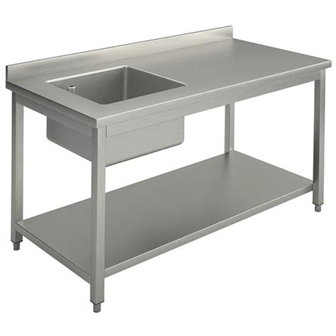 Table inox de travail avec bac à gauche avec dosseret avec étagère