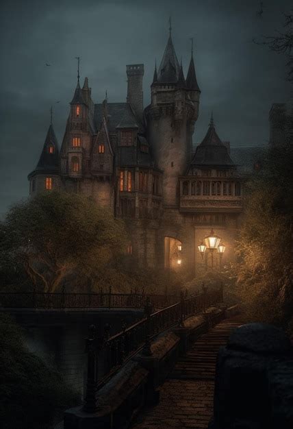 Premium AI Image | A castle in the night with a lantern on the roof