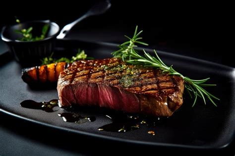 Succulent Steak With Rosemary Presented On A Black Plate Ai Generated