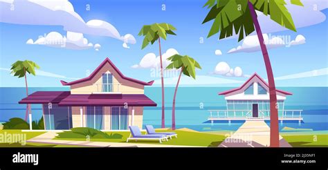 Modern Bungalows On Island Resort Beach Tropical Summer Landscape With