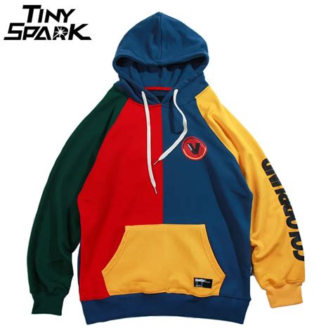 Hip Hop Hoodie Sweatshirt Mens Color Block Patchwork Harajuku Hoodie Streetwear Casual Hiphop