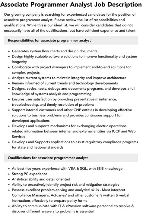 Associate Programmer Analyst Job Description Velvet Jobs