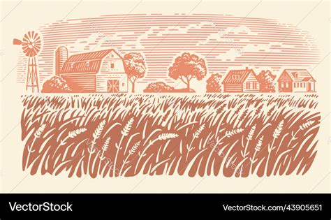 Rural landscape farm barn and field sketch hand Vector Image