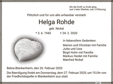 Traueranzeigen Von Helga Rohde Trauer Hna De