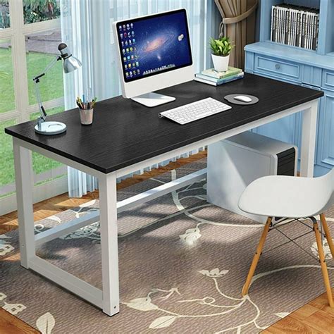 Hoffree 43 inch Computer Desk with Metal Legs, Wooden Surface, Black ...