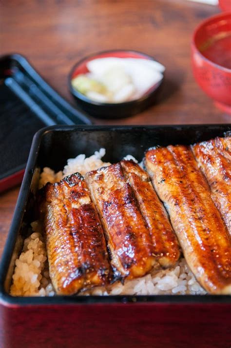 Grilling Unagi Eel For Japanese Unagi Donburi Rice Recipe Stock Photo