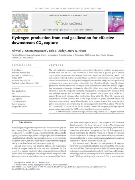 PDF Hydrogen Production From Coal Gasification For Effective